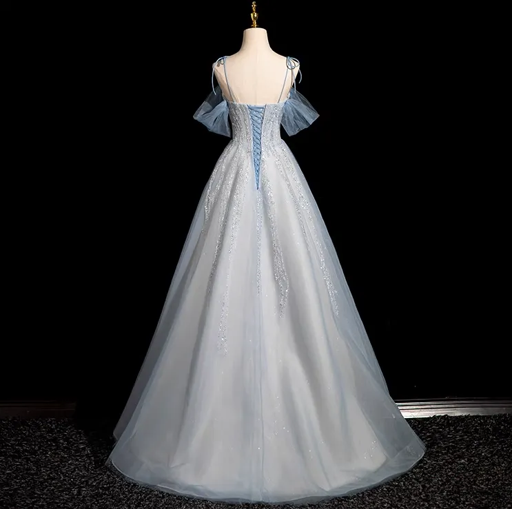 A-line Spaghetti Straps Tulle Sequins Long Prom Dress, Sweet Beaded Evening Dress HZ1108 - Image 8