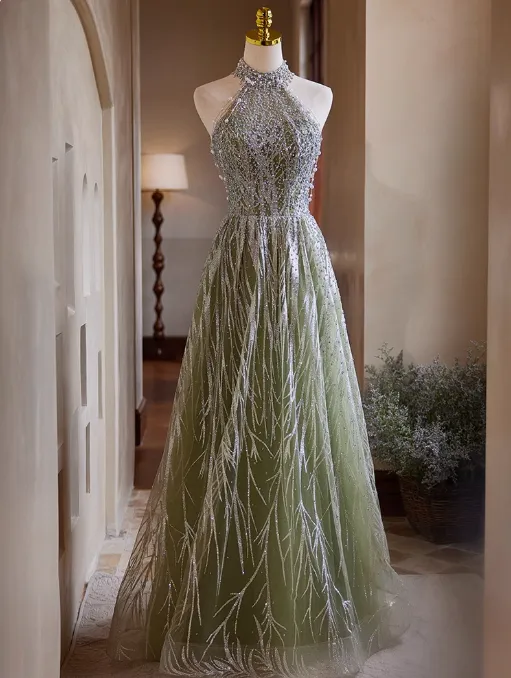 Green A-line Halterneck Tulle Sequins Long Prom Dress, Beaded Evening Dress HZ1108