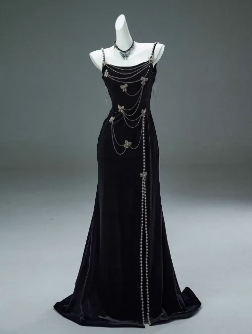 Black Mermaid Spaghetti Straps Velvet Beaded Long Prom Dresses , Elegant Evening Dress HZ1108