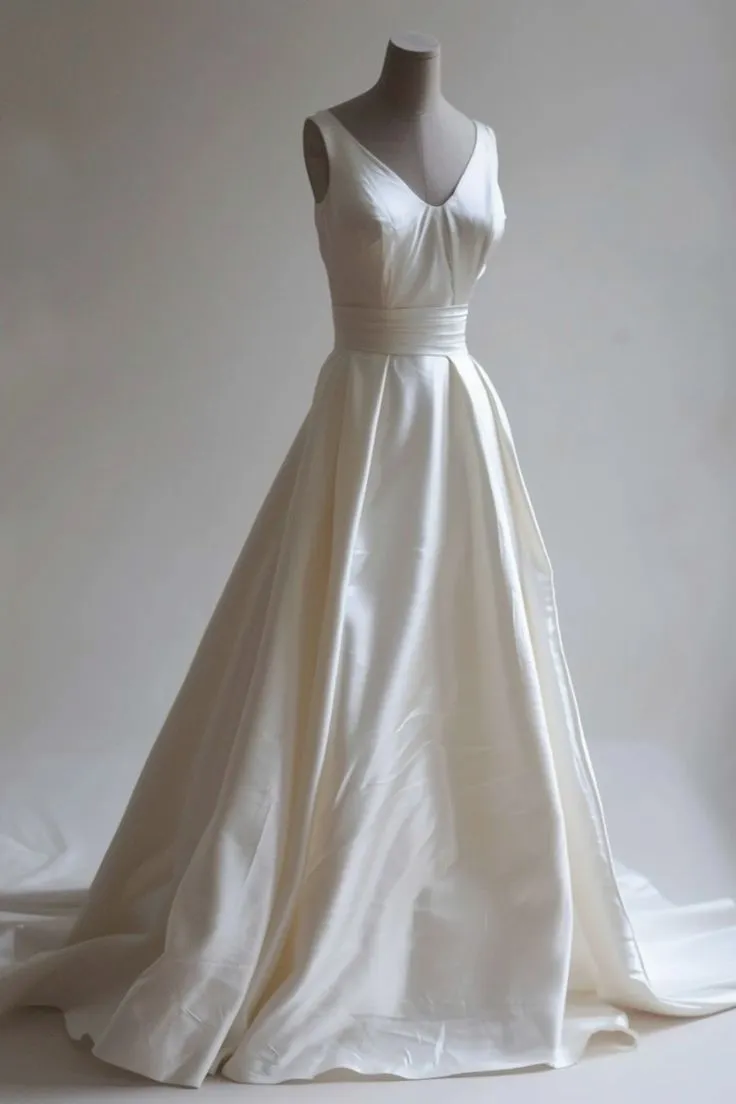 White A-line V-neck Satin Train Long Prom Dress Simple Wedding Dress HZ1108