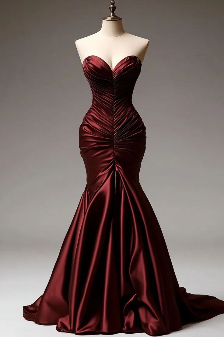 Burgundy Mermaid Sweetheart Satin Long Prom Dress, Fitted Evening Gown HZ1108