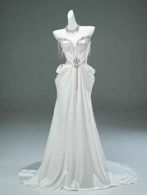 White Satin A-line Sweetheart Beaded Long Prom Dress, Elegant Adult Ceremony Graduation Prom Dress HZ1108