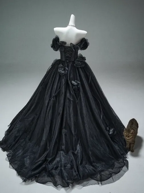 Black A-line Off-the-Shoulder Tulle 3D Applique Long Prom Dress,Adult Ceremony Graduation Prom Dress HZ1108 - Image 6