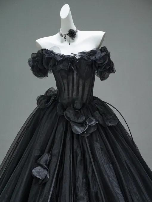 Black A-line Off-the-Shoulder Tulle 3D Applique Long Prom Dress,Adult Ceremony Graduation Prom Dress HZ1108 - Image 2