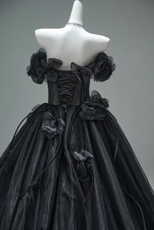 Black A-line Off-the-Shoulder Tulle 3D Applique Long Prom Dress,Adult Ceremony Graduation Prom Dress HZ1108 - Image 4