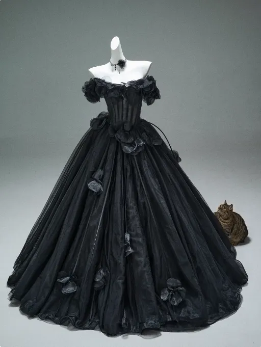 Black A-line Off-the-Shoulder Tulle 3D Applique Long Prom Dress,Adult Ceremony Graduation Prom Dress HZ1108