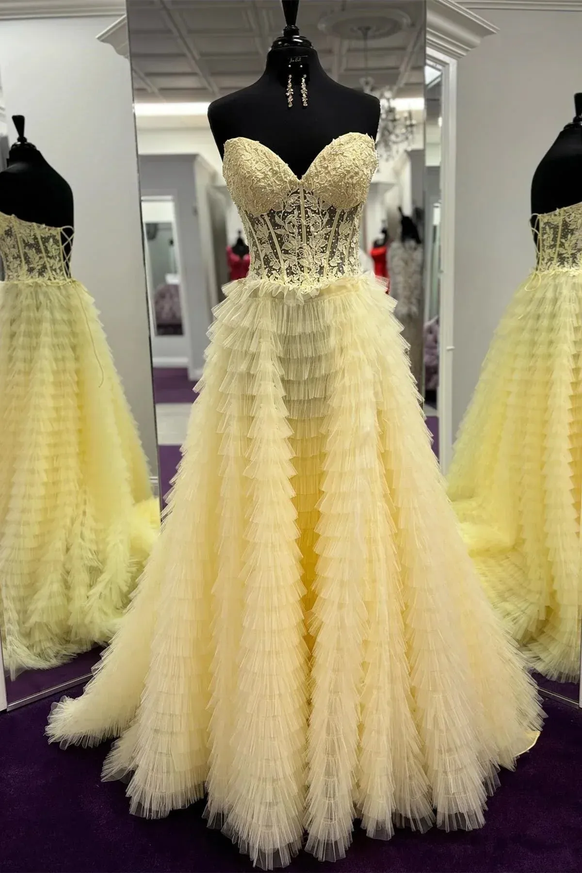 Yellow A-line Strapless Multi-Layers Sweetheart Tulle Beaded Long Prom Dress with Slit HZ1108