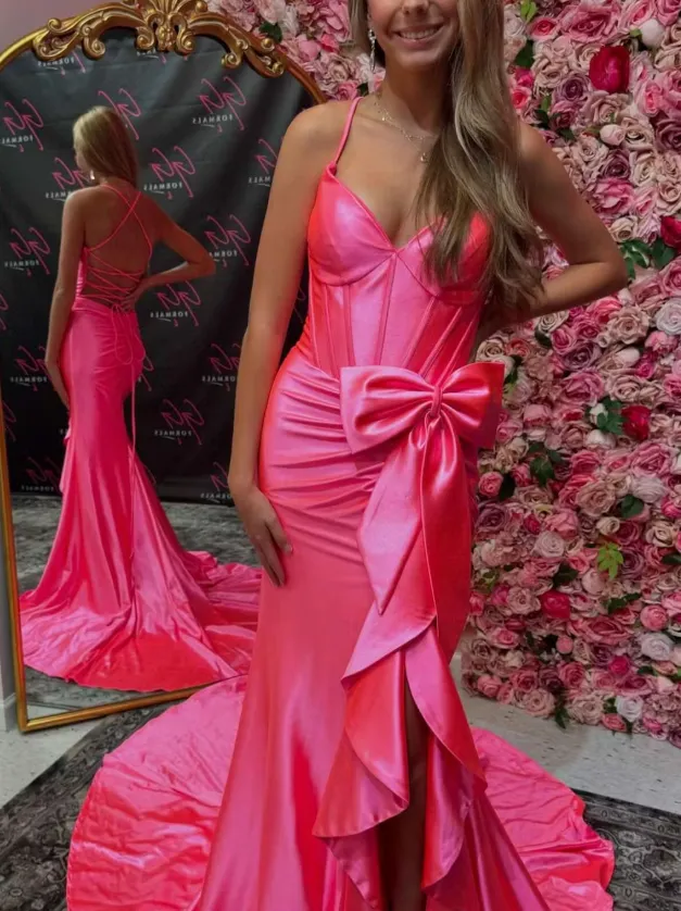 Spaghetti Straps V-Neck Satin Mermaid Prom Dress with Bow HZ1108 - Image 6