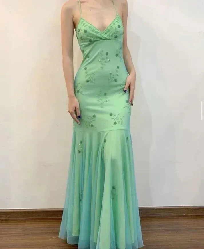 Mint Green Mermaid Spaghetti Straps Long Prom Dresses HZ1108