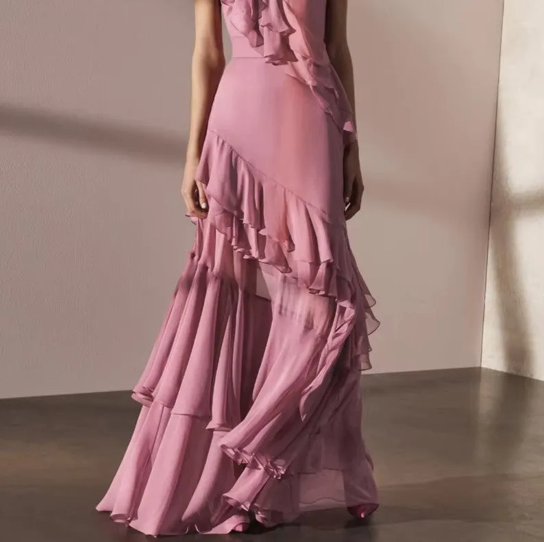 Pink V-Neck Chiffon Pleated Sleeveless Back Zippered Long Prom Dress Beautiful Party Dress HZ1108 - Image 5