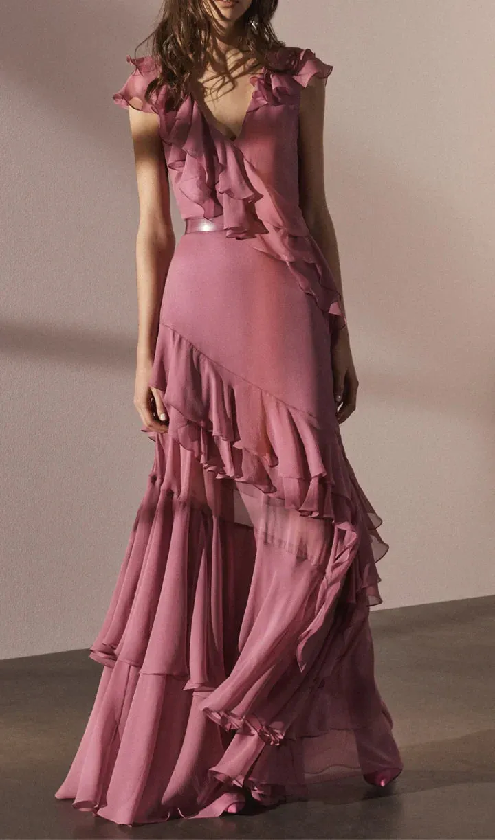 Pink V-Neck Chiffon Pleated Sleeveless Back Zippered Long Prom Dress Beautiful Party Dress HZ1108 - Image 6