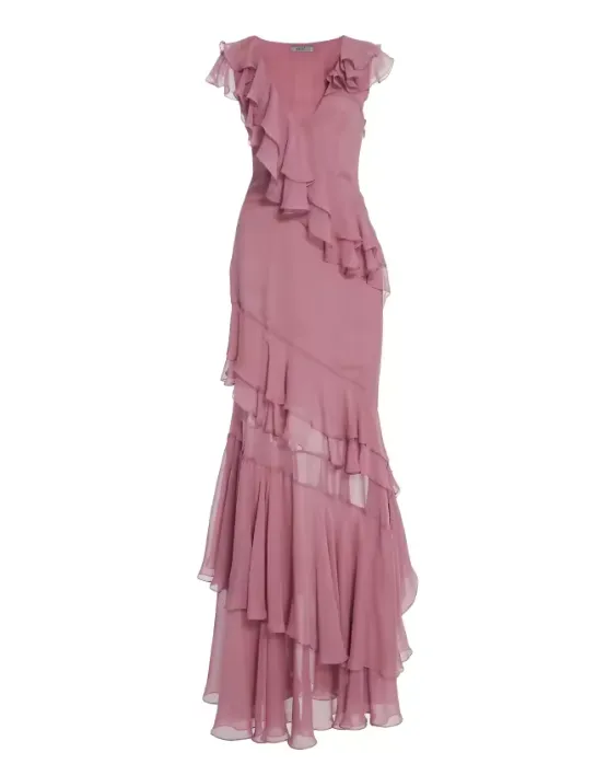 Pink V-Neck Chiffon Pleated Sleeveless Back Zippered Long Prom Dress Beautiful Party Dress HZ1108