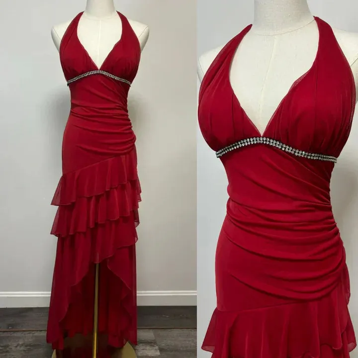 Burgundy A-line Halter V Neck Chiffon Backless Prom Dress,Bridesmaid Dress With Ankle Length HZ1108