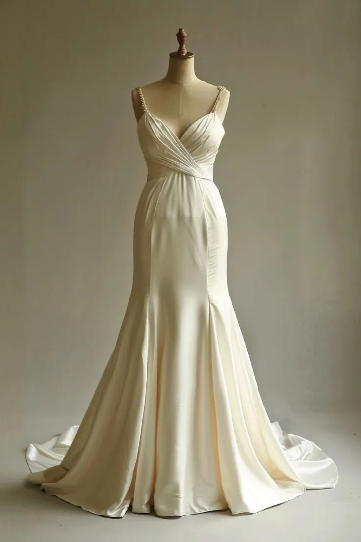 Elegant Champagne Mermaid Satin V-neck Long Prom Dress Spaghetti Strap Beaded Wedding Dress HZ1108