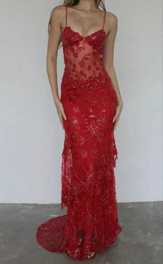 Red Mermaid Spaghetti Straps Tulle Lace Long Prom Dress Sexy Birthday Dress HZ1108