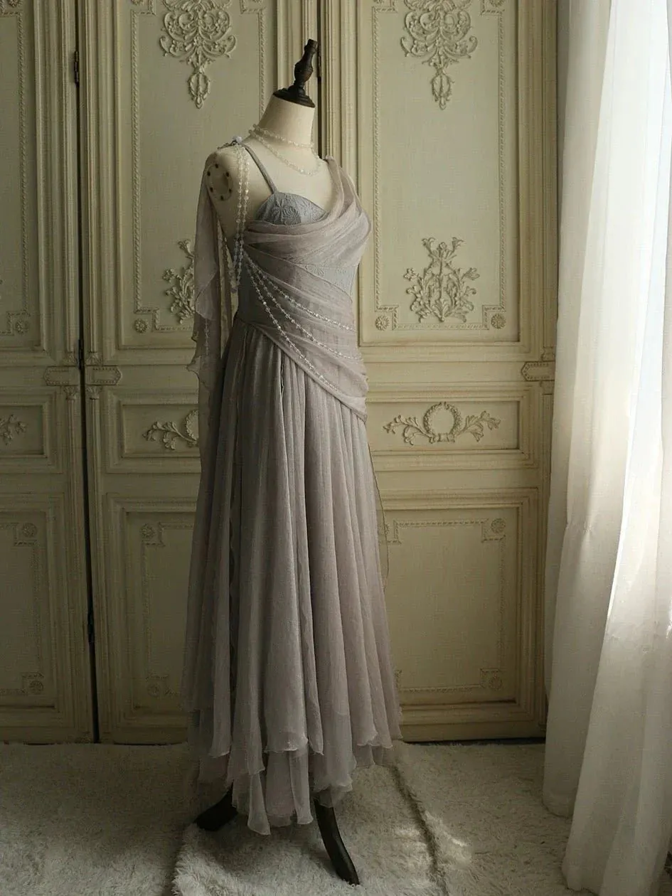 Chiffon Spaghetti Straps Transparent Beads Sweetheart Neck Grey Long Prom Dress HZ1108