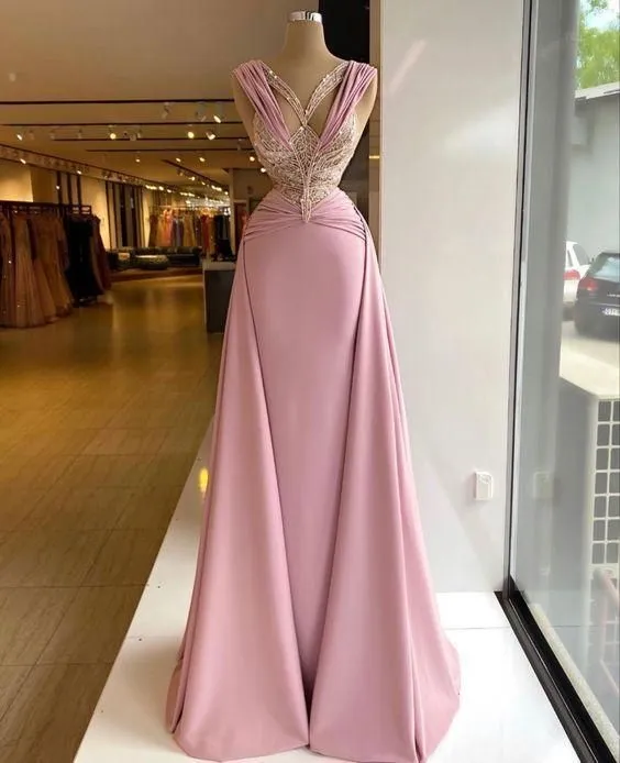 Pink V-neck Fitted Satin Lace Long Prom Dress HZ1108