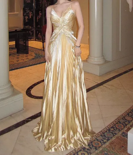 Gold A-line Spaghetti Straps Satin Beaded Long Prom Dress V-neck Retro Evening Dress HZ1108