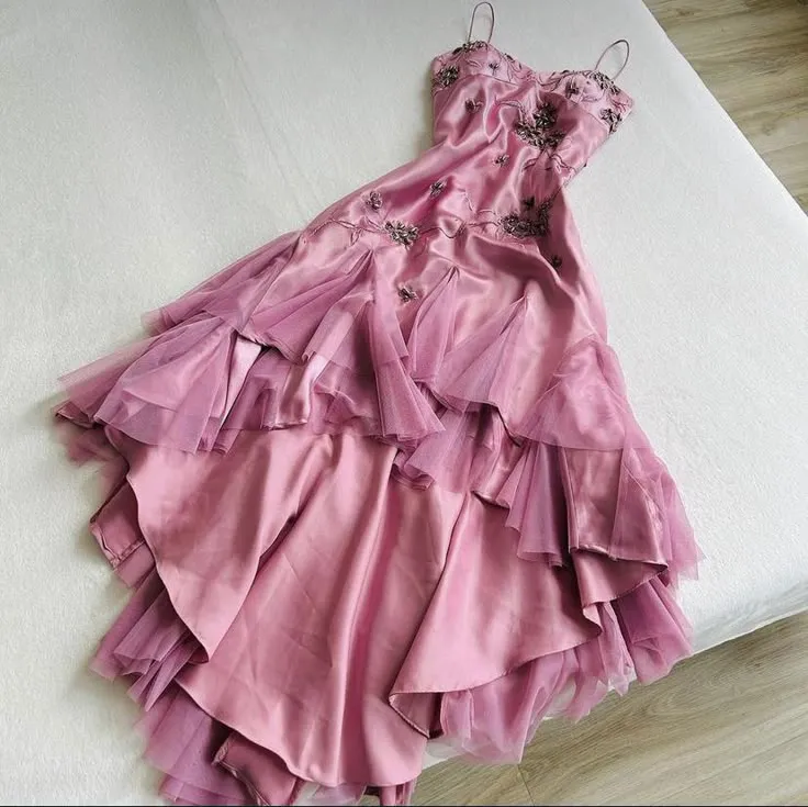 Gorgeous A-line Pink Spaghetti Strap Satin Applique Retro Prom Dress Birthday Party Dress HZ1108