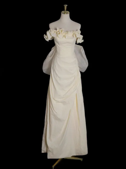 Light Yellow A-line Satin Off-shoulder Tulle Long Prom Dress Graduation Prom Dress Wedding Dress HZ1108