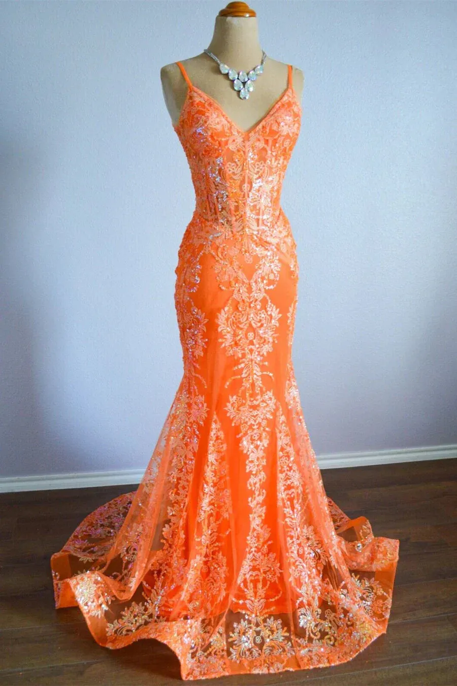 Orange Mermaid Spaghetti Straps Sequins Applique Long Prom Dress Tulle Evening Dress HZ1108