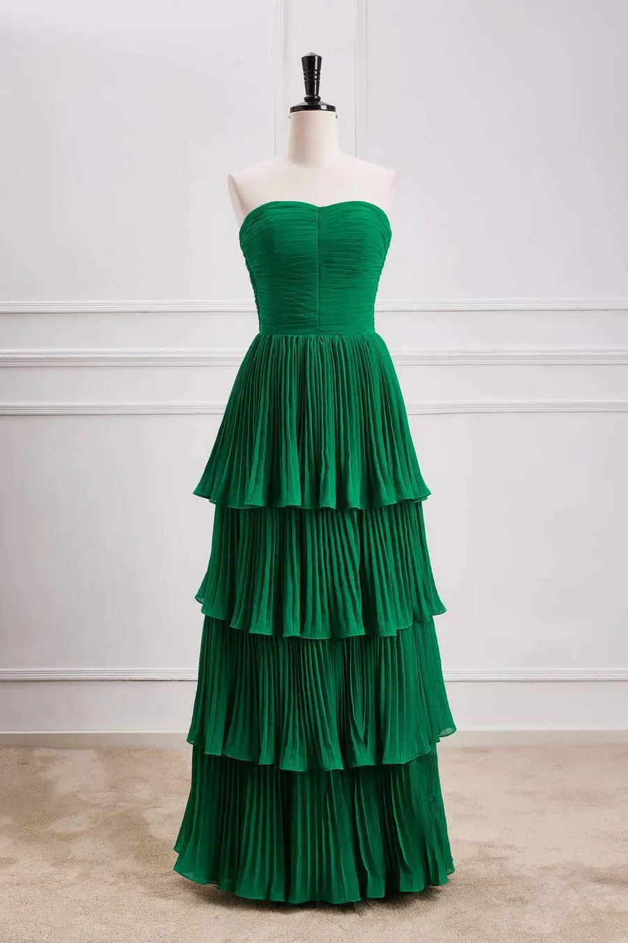Hunter Green A-line Chiffon Strapless Layers Long Prom Dress Formal Evening Dress HZ1108