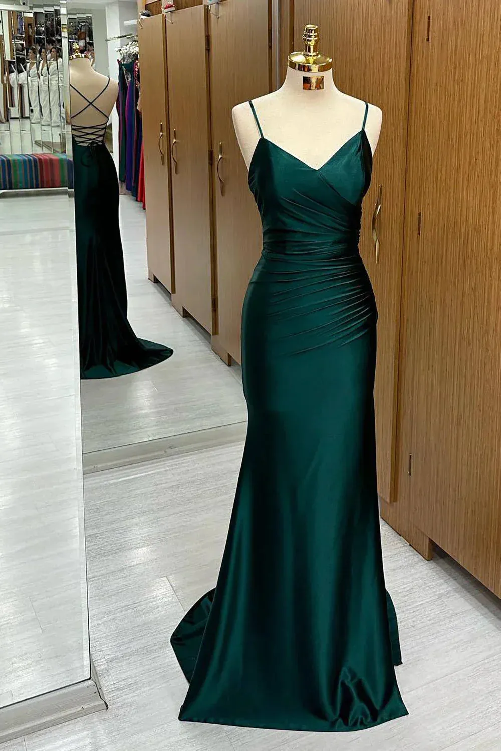 Elegant Dark Green Mermaid Spaghetti Strap Satin Long Prom Dress HZ1108
