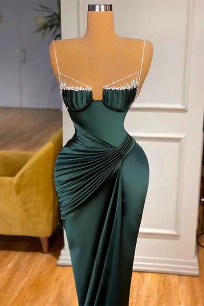 Dark Green Mermaid Spaghetti-Straps Satin Long Prom Dress With Beadings HZ1108