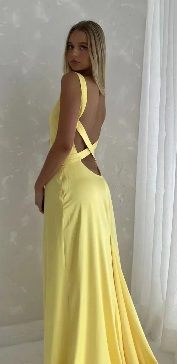 Simple Mermaid V Neck Yellow Backless Long Prom Dress HZ1108