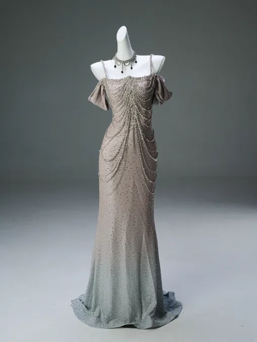 Spaghetti Straps Mermaid Beading Satin Long Prom Dress Rhinestone Formal Evening Dress HZ1108