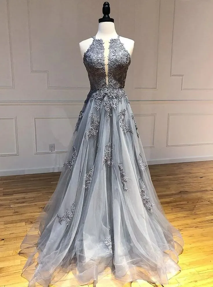 Gray A-line Halter Tulle Appliques Long Prom Dress Backless Formal Evening HZ1108