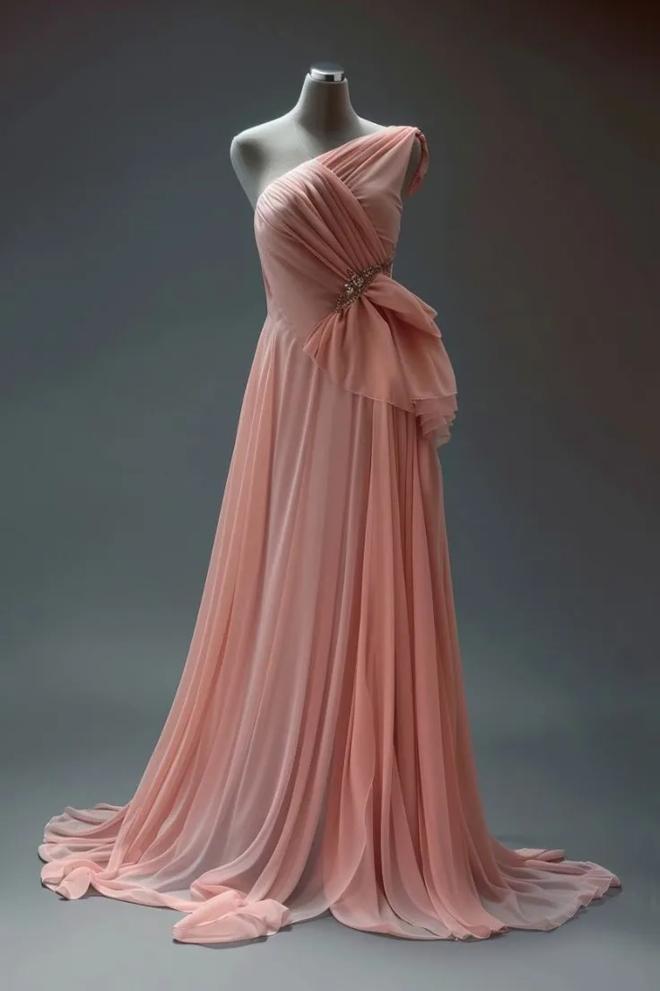 Peach A-line One Shoulder Chiffon Long Prom Dress Simple Bridalmaid Dress HZ1108
