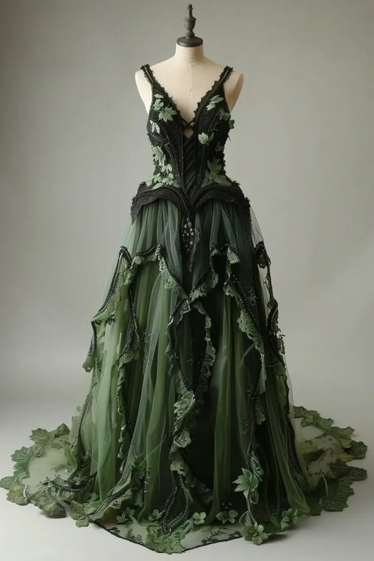 Mermaid V-neck Tulle Applique Long Prom Dress Vintage Lace Formal Evening Dress HZ1108