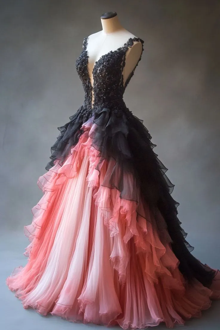 Gradient A-line Tulle Lace Deep V Neck Long Prom Dresses, Layered Beaded Evening Dress HZ1108