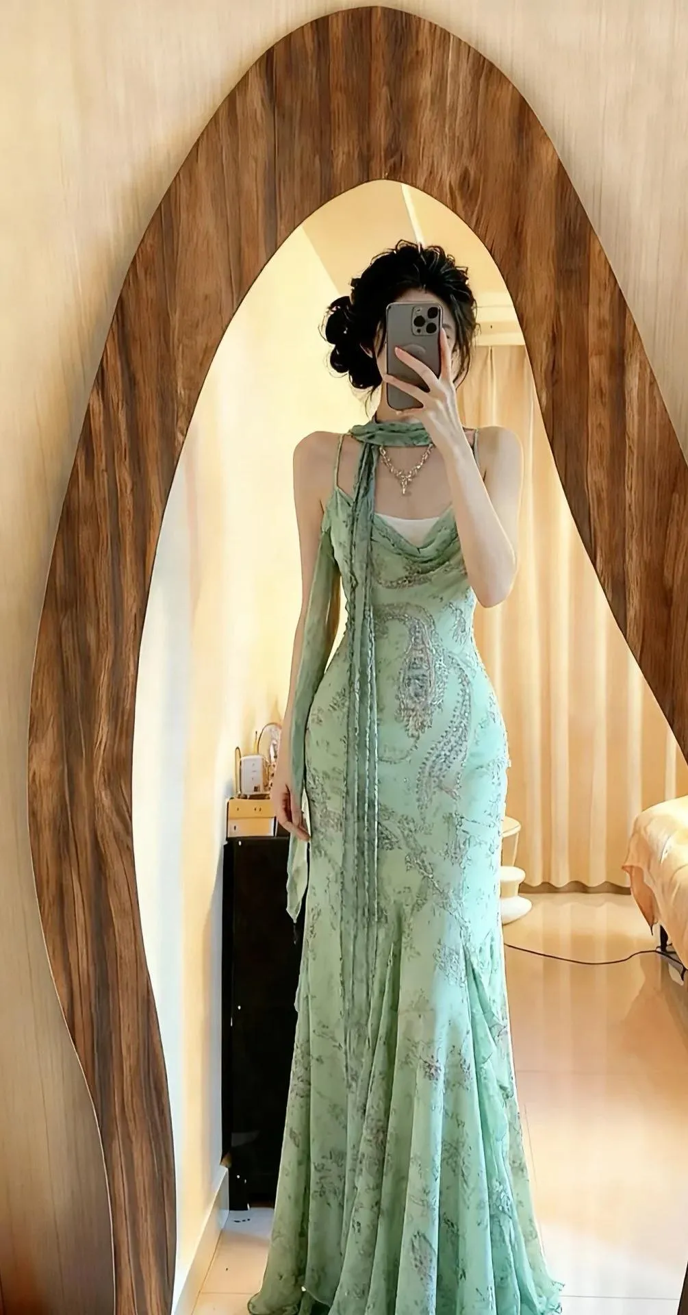 Elegant Green Mermaid Formal Dresses Beaded Chiffon Open Back Long Prom Dresses Spaghetti Straps Guest Dresses HZ1108 - Image 7