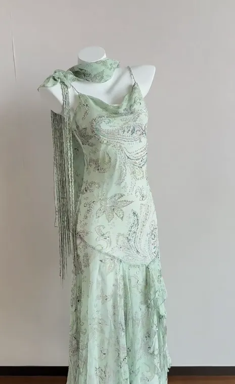 Elegant Green Mermaid Formal Dresses Beaded Chiffon Open Back Long Prom Dresses Spaghetti Straps Guest Dresses HZ1108 - Image 8