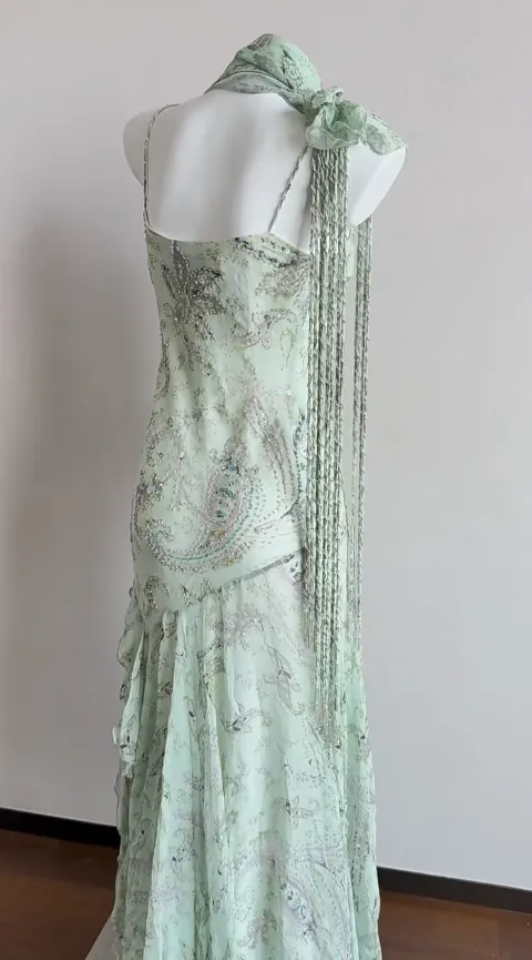 Elegant Green Mermaid Formal Dresses Beaded Chiffon Open Back Long Prom Dresses Spaghetti Straps Guest Dresses HZ1108 - Image 9