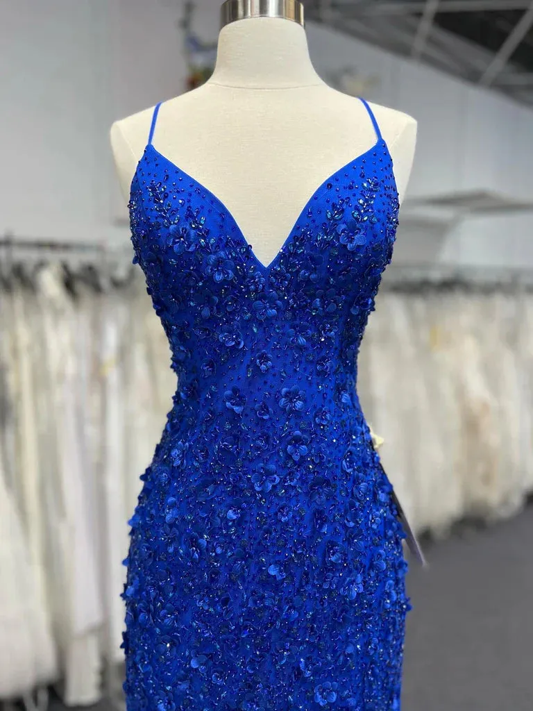 Mermaid V Neck Royal Blue Beade Applique Tulle Long Prom Dress, Evening Dress HZ1108 - Image 2
