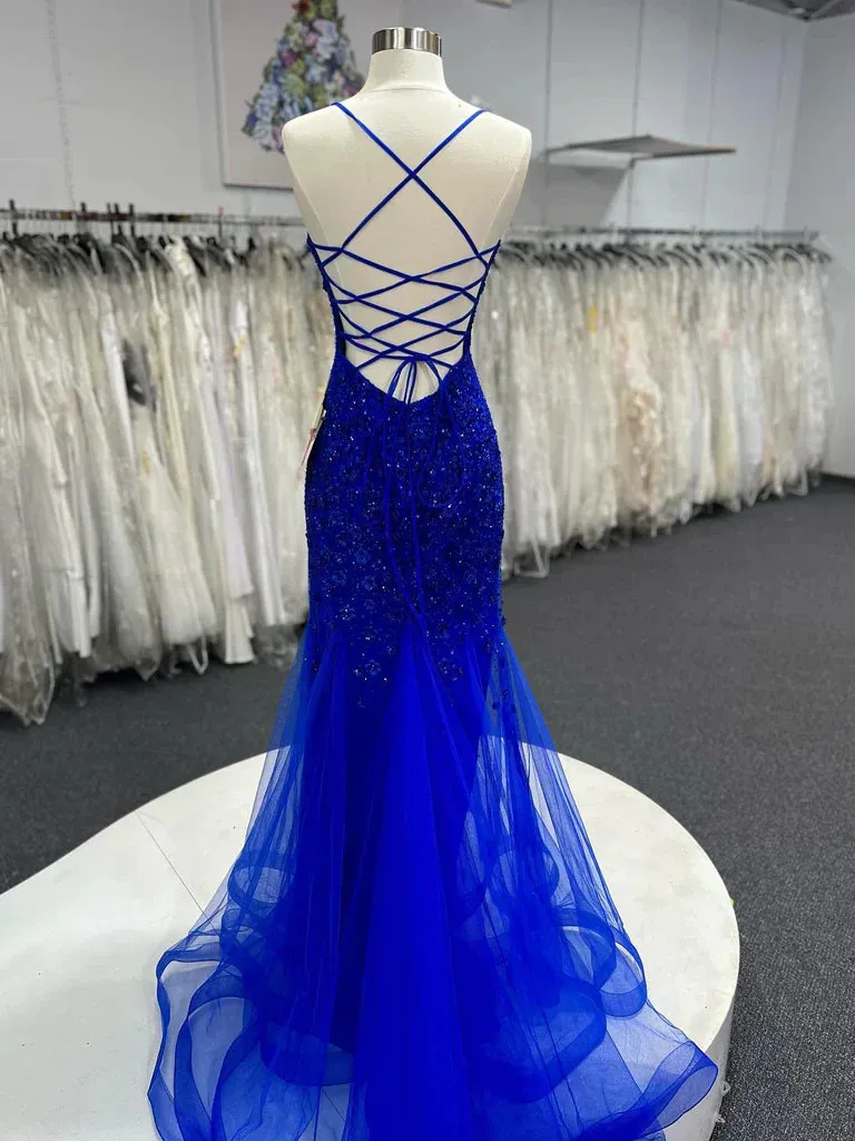 Mermaid V Neck Royal Blue Beade Applique Tulle Long Prom Dress, Evening Dress HZ1108 - Image 3