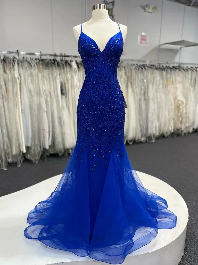 Mermaid V Neck Royal Blue Beade Applique Tulle Long Prom Dress, Evening Dress HZ1108