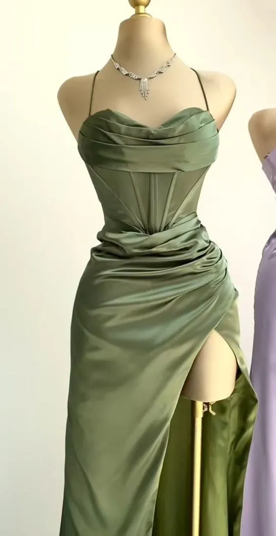 Dark Green Mermaid Satin Spaghetti Straps Long Prom Dress With Split HZ1108 - Image 4