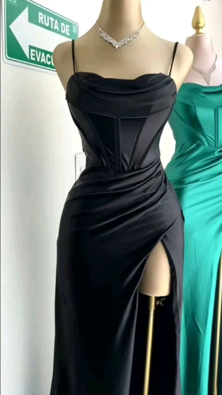 Dark Green Mermaid Satin Spaghetti Straps Long Prom Dress With Split HZ1108 - Image 9