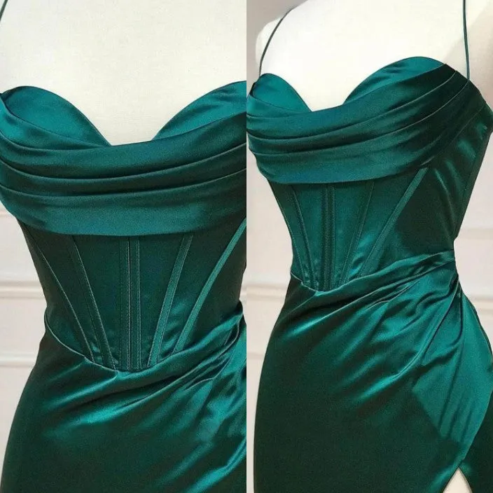 Dark Green Mermaid Satin Spaghetti Straps Long Prom Dress With Split HZ1108 - Image 2