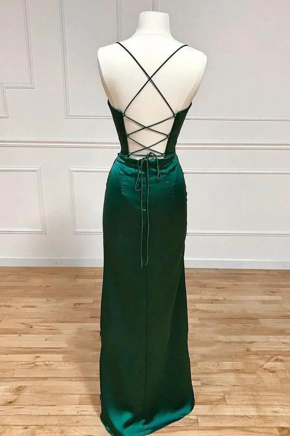 Dark Green Mermaid Satin Spaghetti Straps Long Prom Dress With Split HZ1108 - Image 5