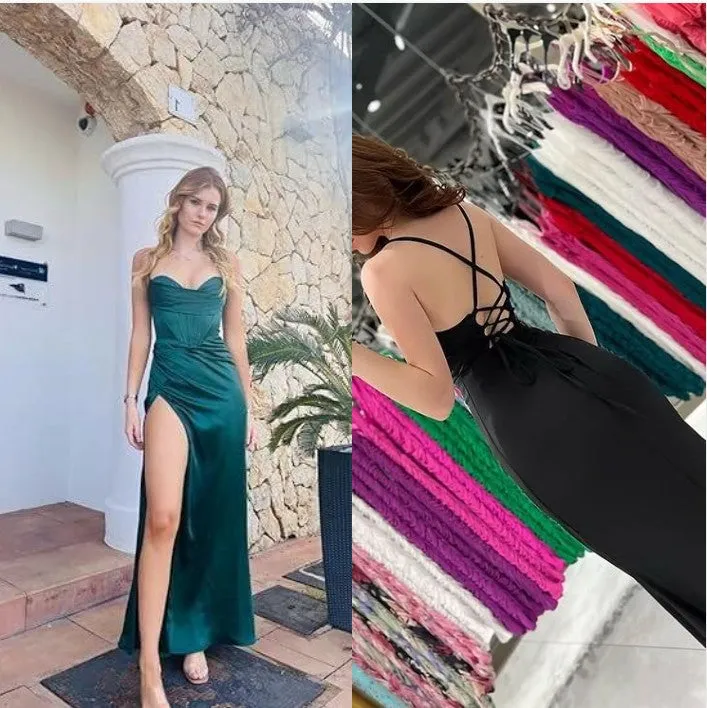 Dark Green Mermaid Satin Spaghetti Straps Long Prom Dress With Split HZ1108 - Image 10