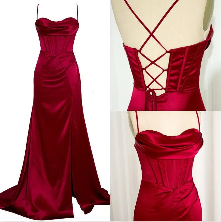 Dark Green Mermaid Satin Spaghetti Straps Long Prom Dress With Split HZ1108 - Image 8