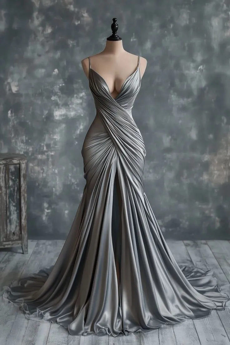 Mermaid V Neck Silver Spaghetti Straps Satin Long Prom Dress Sexy Evening Dress HZ1108