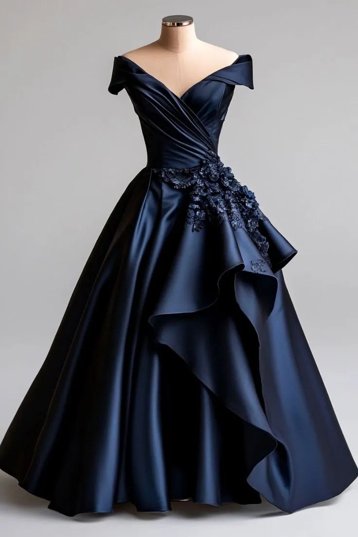Dark Navy A-Line V Neck Satin Long Prom Dress Simple Applique Evening Dress HZ1108
