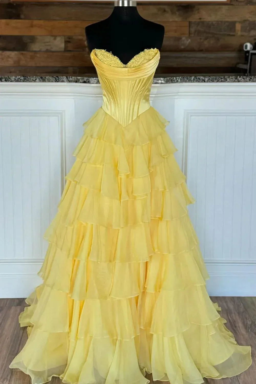 Lovely Yellow A-Line Sweetheart Long Tiered Prom Dress with Slit HZ1108
