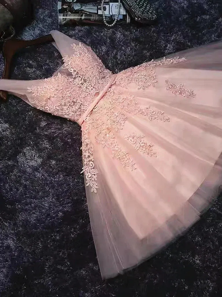 V Neck Short Pink Lace Prom Dress,Sweet HomeComing Dress HZ1108